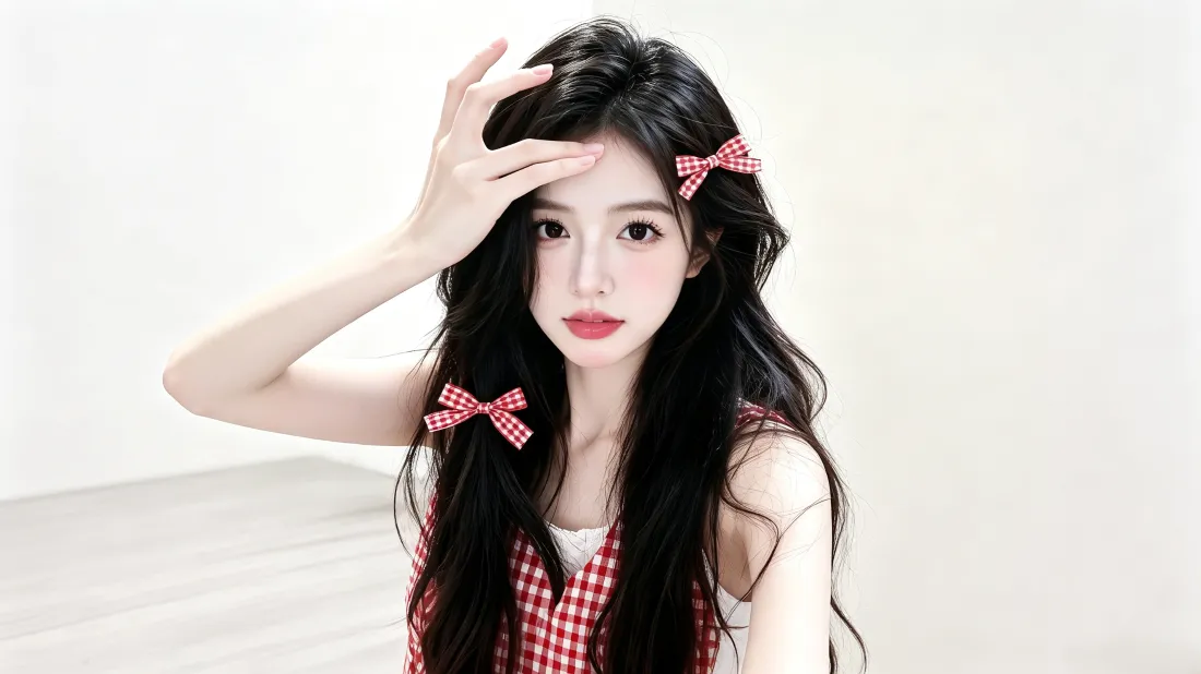 3k高颜值长发甜妹壁纸｜纯白背景图片 - 粉色蝴蝶结少女写真「哲风壁纸」