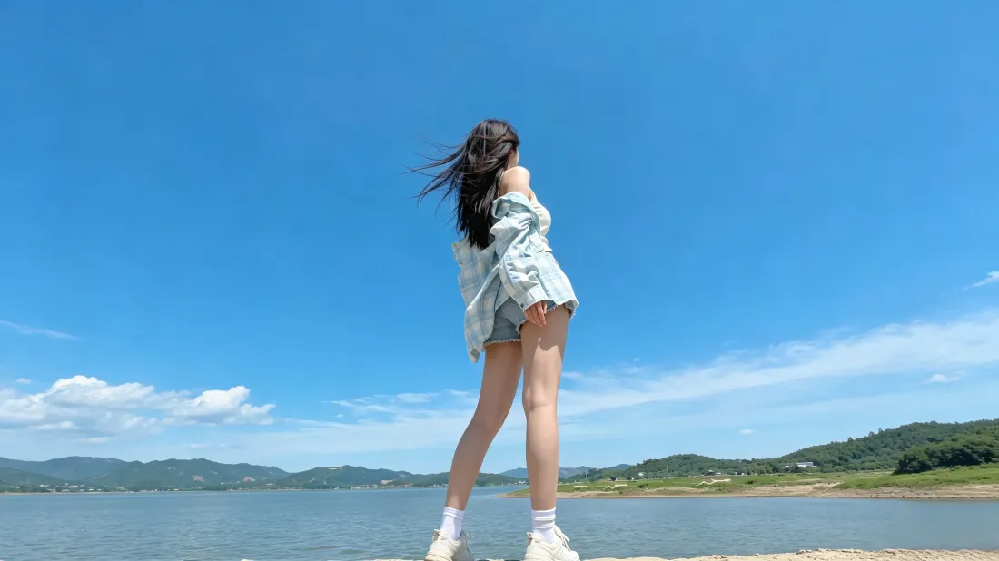 3k氛围感少女壁纸｜蓝天湖畔远山背景图片 - 清新休闲「哲风壁纸」
