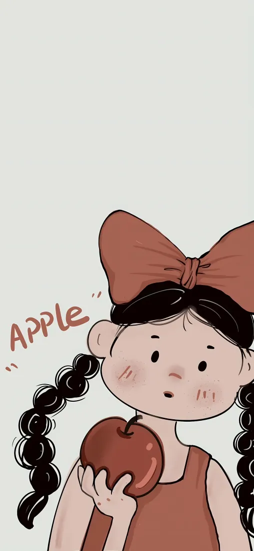 蝴蝶结小女孩手机壁纸｜卡通苹果背景图片 - 软萌治愈「哲风壁纸」