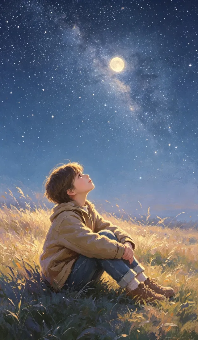 望月少年手机壁纸｜郊野月夜星空背景图片 - 治愈梦幻氛围感「哲风壁纸」