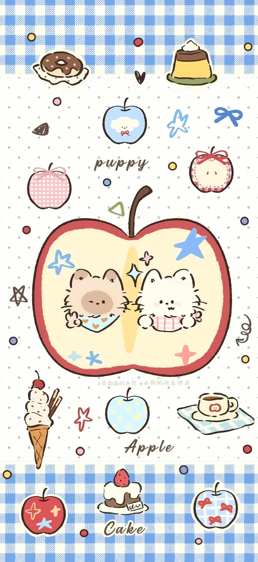 卡通苹果小猫手机壁纸｜甜品格纹背景图片 - 软萌手绘插画「哲风壁纸」