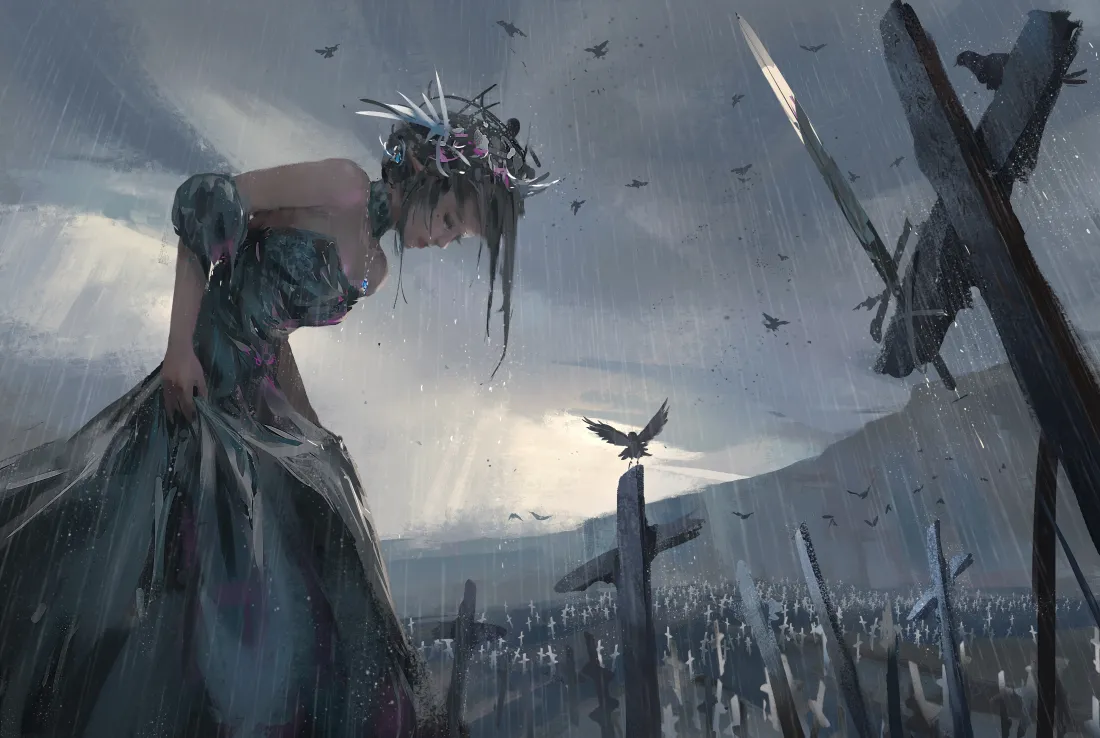 4k鬼刀海琴烟壁纸｜废墟战场背景图片 - 长裙皇冠飞鸟插画「哲风壁纸」