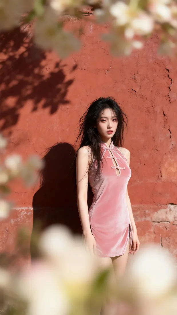 粉色旗袍美女手机壁纸｜红墙光影白花背景图片 - 氛围感人像「哲风壁纸」