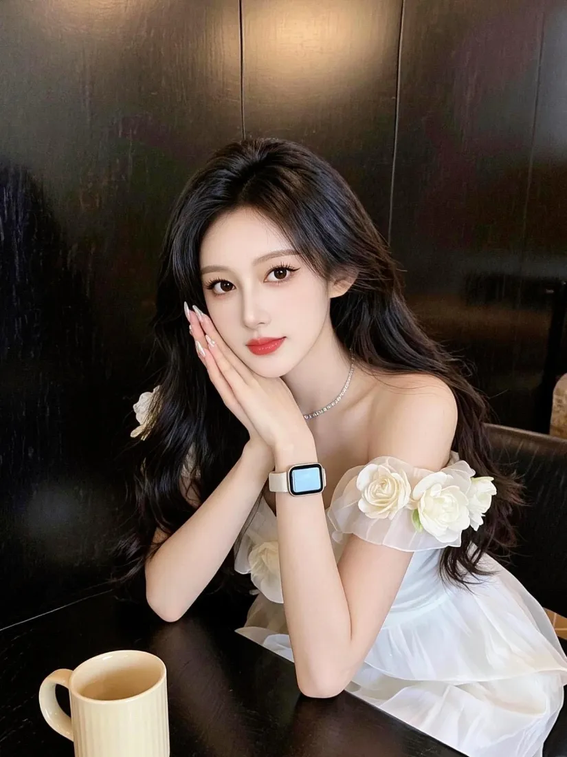 卷发美女手机壁纸｜露肩白裙背景图片 - 托腮氛围感写真「哲风壁纸」