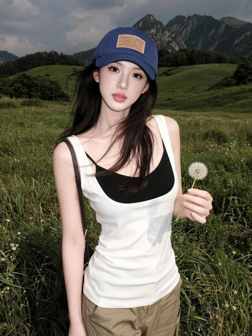 清爽美女手机壁纸｜山野青草地背景图片 - 休闲穿搭「哲风壁纸」