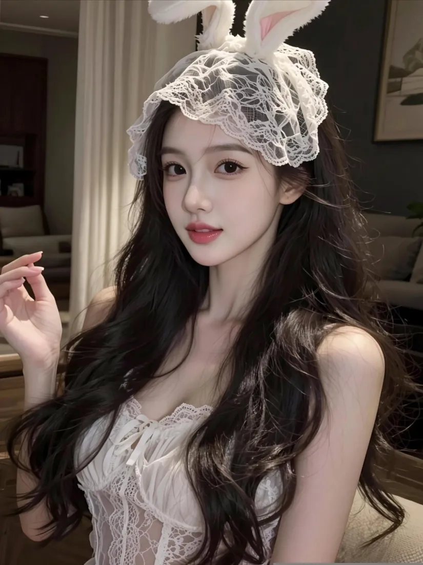 兔耳美女手机壁纸｜蕾丝吊带背景图片 - 纯欲居家写真「哲风壁纸」