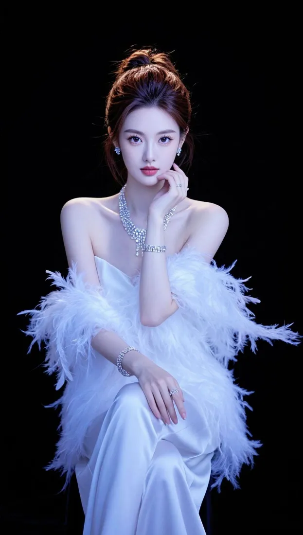 气质美女手机壁纸｜浅蓝羽毛礼服背景图片 - 氛围感写真「哲风壁纸」