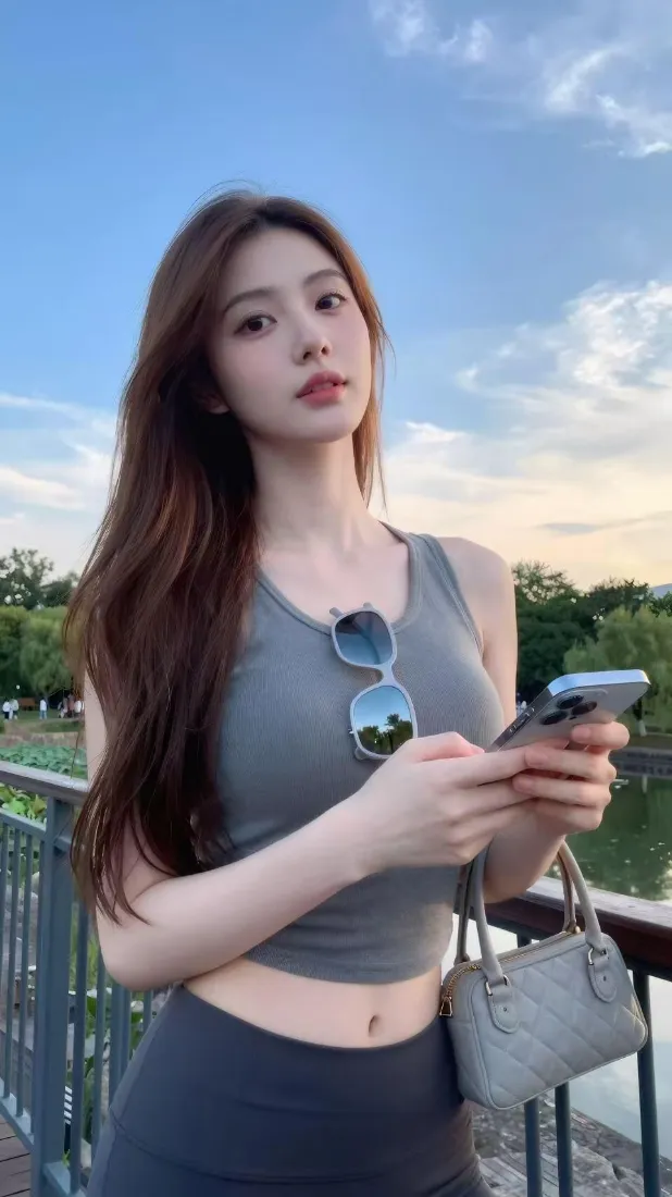 气质美女手机壁纸｜户外蓝天湖边背景图片 - 手持手机「哲风壁纸」