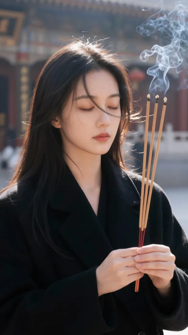闭眼祈福美女手机壁纸｜寺庙烧香背景图片 - 黑大衣氛围感「哲风壁纸」