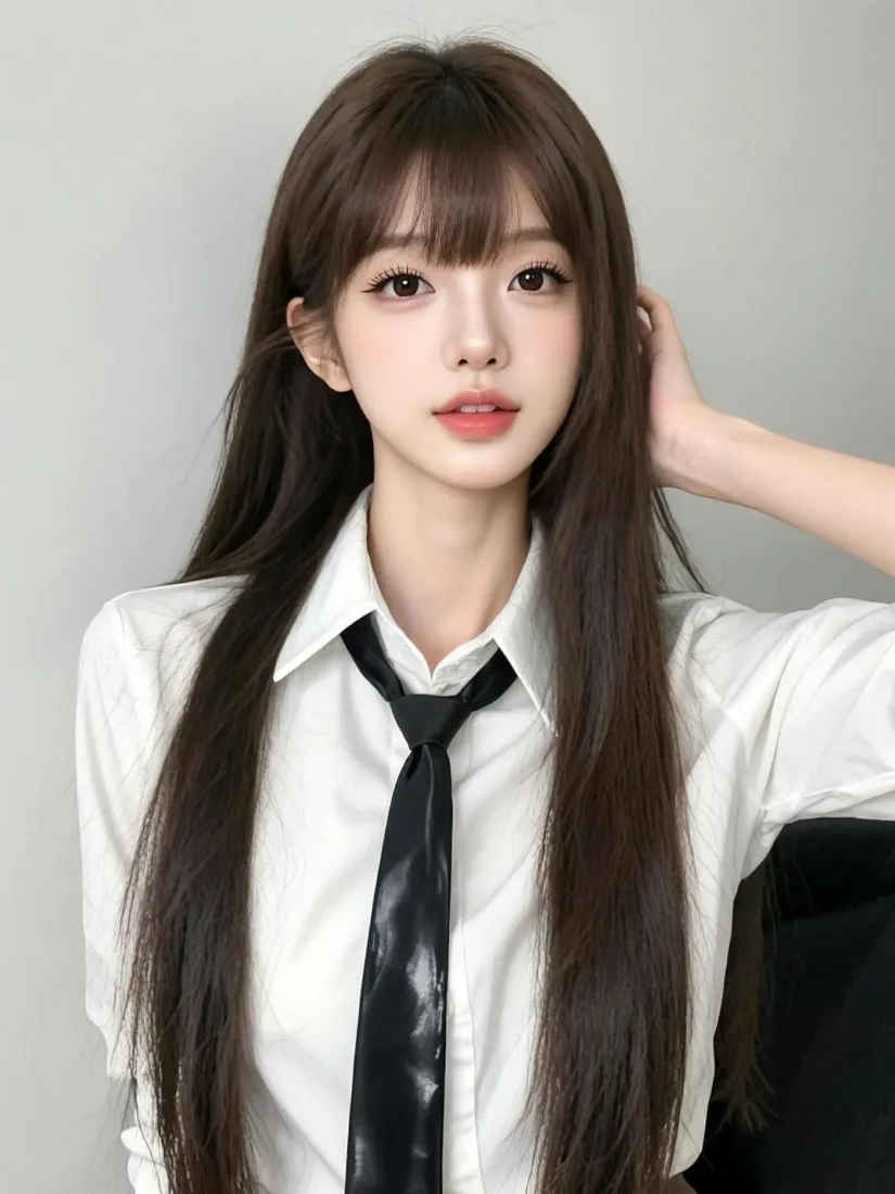 长发美女手机壁纸｜白衬衫黑领带背景图片 - 清纯少女感「哲风壁纸」