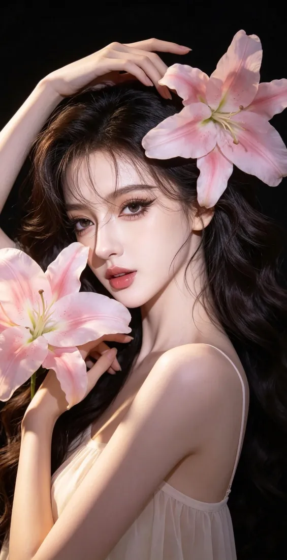 粉百合少女手机壁纸｜纯黑氛围感背景图片 - 好看手机适配「哲风壁纸」