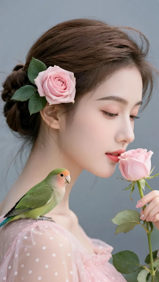 温柔美女手机壁纸｜粉玫瑰鹦鹉背景图片 - 清新氛围感写真「哲风壁纸」