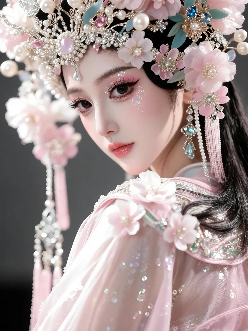 古风汉服美女手机壁纸｜粉色珠花发冠背景图片 - 精致国风写真「哲风壁纸」
