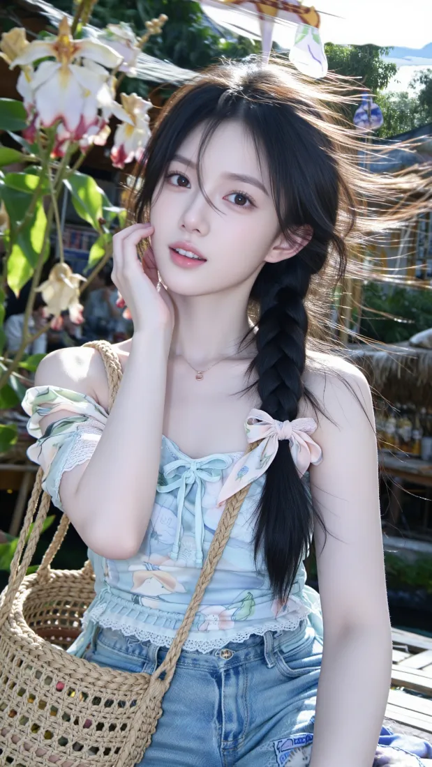 麻花辫少女手机壁纸｜户外花丛背景图片 - 清新甜美写真「哲风壁纸」