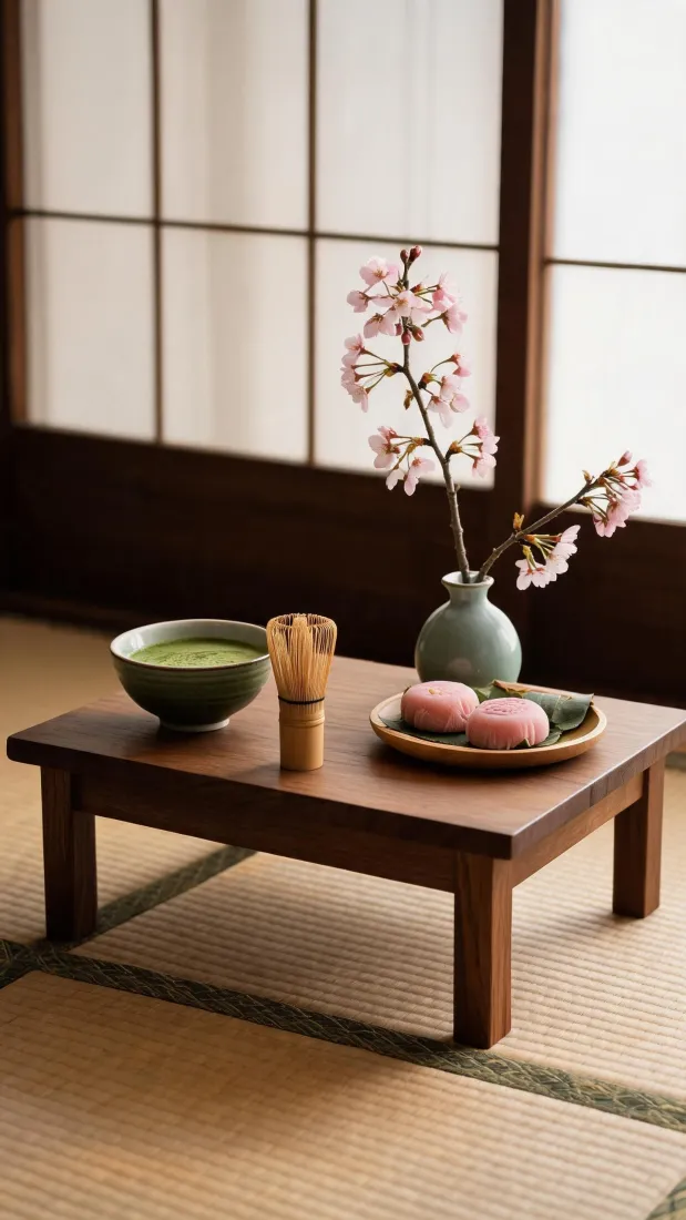 日式茶室手机壁纸｜榻榻米矮桌背景图片 - 抹茶樱花「哲风壁纸」