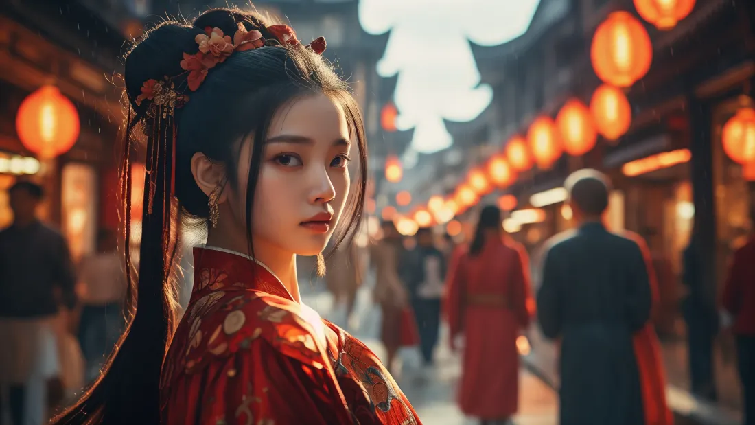 3kAI红衣古装美女壁纸｜古街灯笼背景图片 - 温婉动人「哲风壁纸」