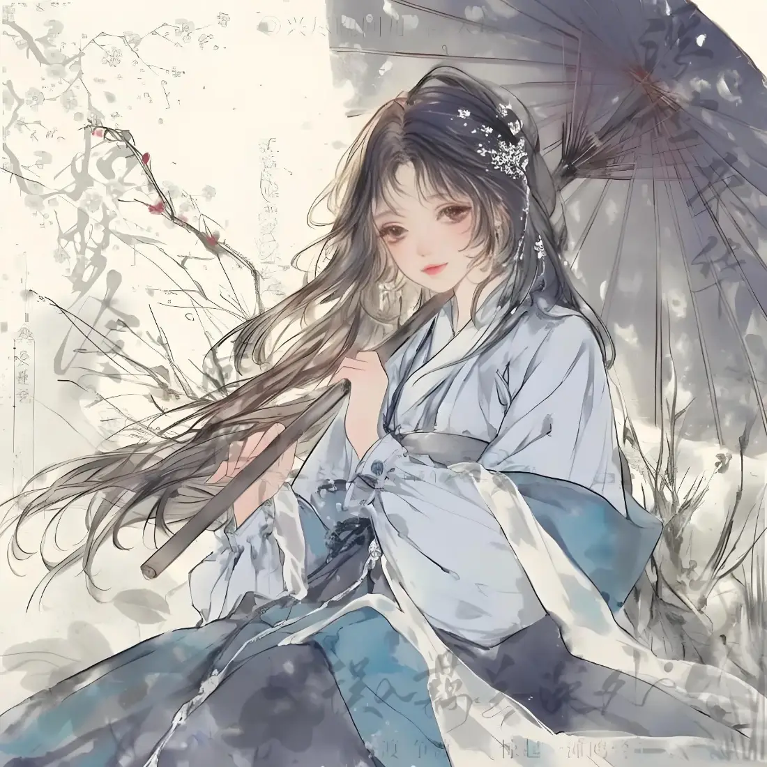 古风少女手机壁纸｜水墨梅花背景图片 - 小众插画「哲风壁纸」