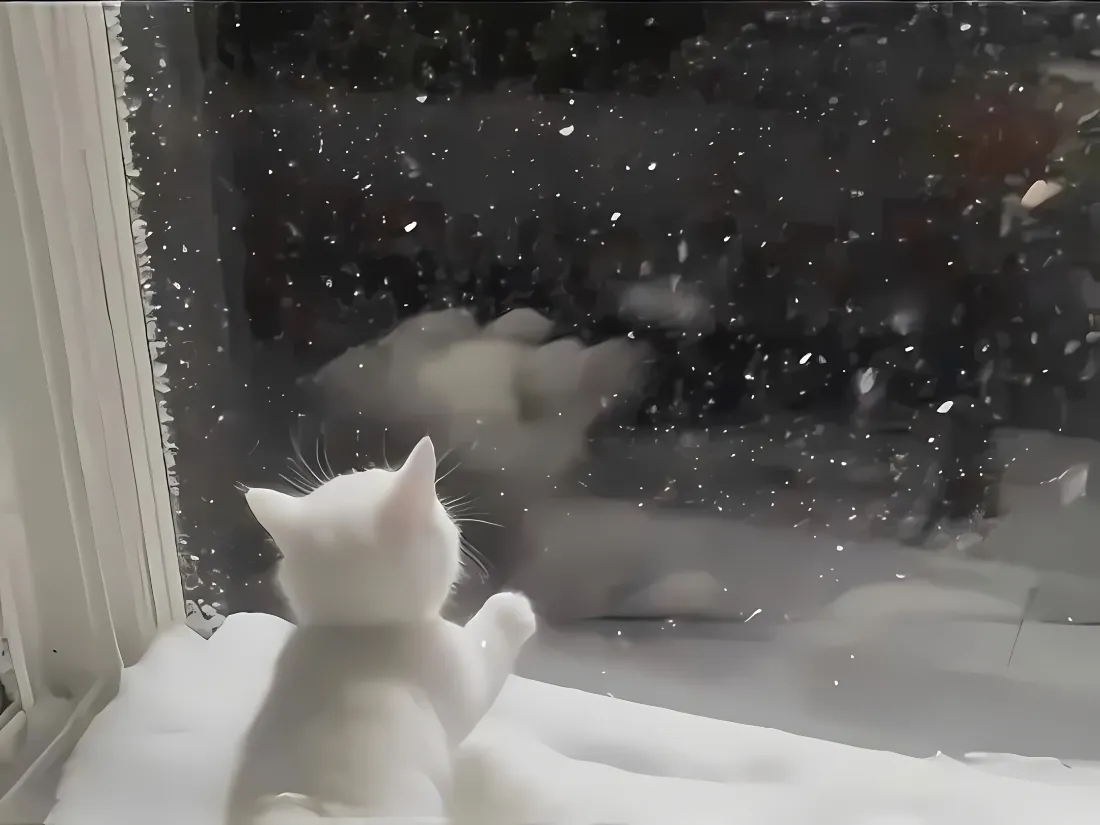 2k可爱白色小猫壁纸｜冬日飘雪窗边背景图片 - 治愈萌宠「哲风壁纸」