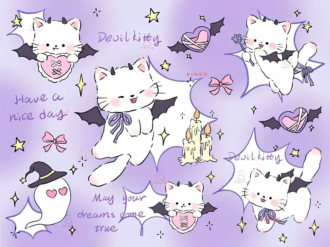 2k可爱软萌恶魔小猫壁纸｜淡紫梦幻背景图片 - 治愈手绘插画「哲风壁纸」