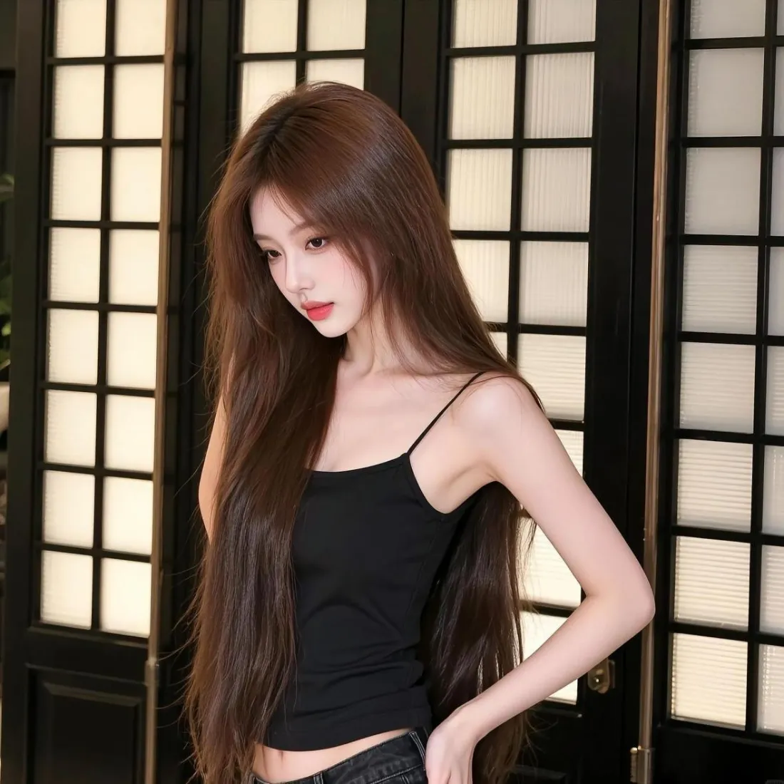长发美女手机壁纸｜黑色吊带日式背景图片 - 氛围感穿搭「哲风壁纸」
