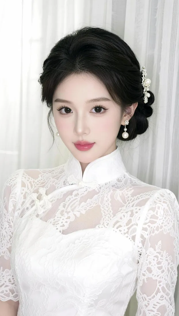 温婉旗袍美女手机壁纸｜白纱简约背景图片 - 气质盘发造型「哲风壁纸」