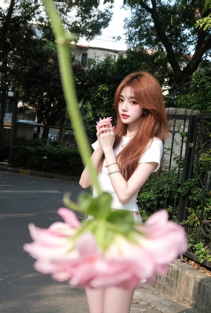 红发少女手机壁纸｜街道绿植背景图片 - 手持手机清新写真「哲风壁纸」