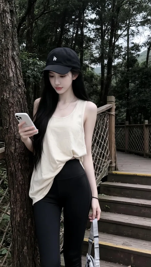清冷美女手机壁纸｜林间步道背景图片 - 休闲穿搭手持手机「哲风壁纸」