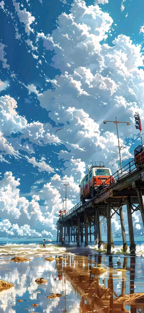 海边列车手机壁纸｜蓝天白云水面背景图片 - 日系治愈插画「哲风壁纸」