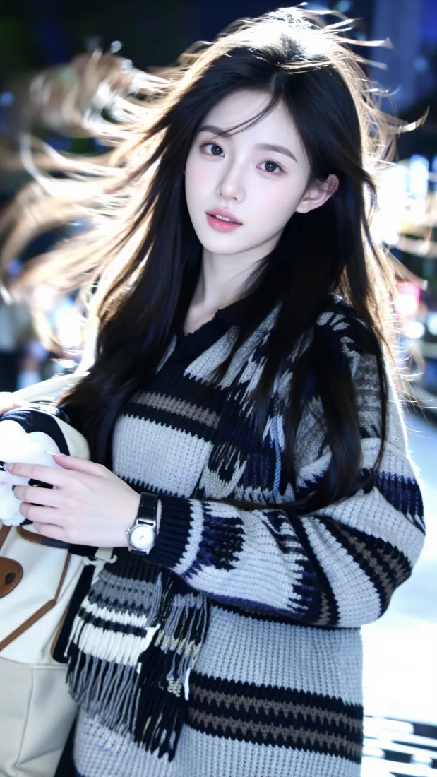 条纹毛衣美女手机壁纸｜氛围感街拍背景图片 - 时尚穿搭「哲风壁纸」