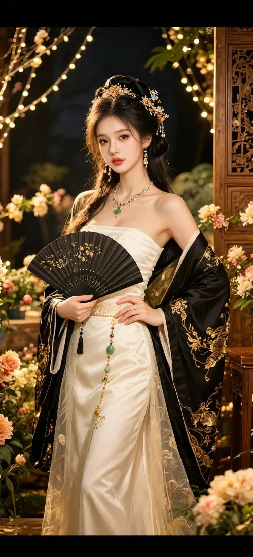 古风美女手机壁纸｜暖光花卉背景图片 - 国风折扇穿搭写真「哲风壁纸」