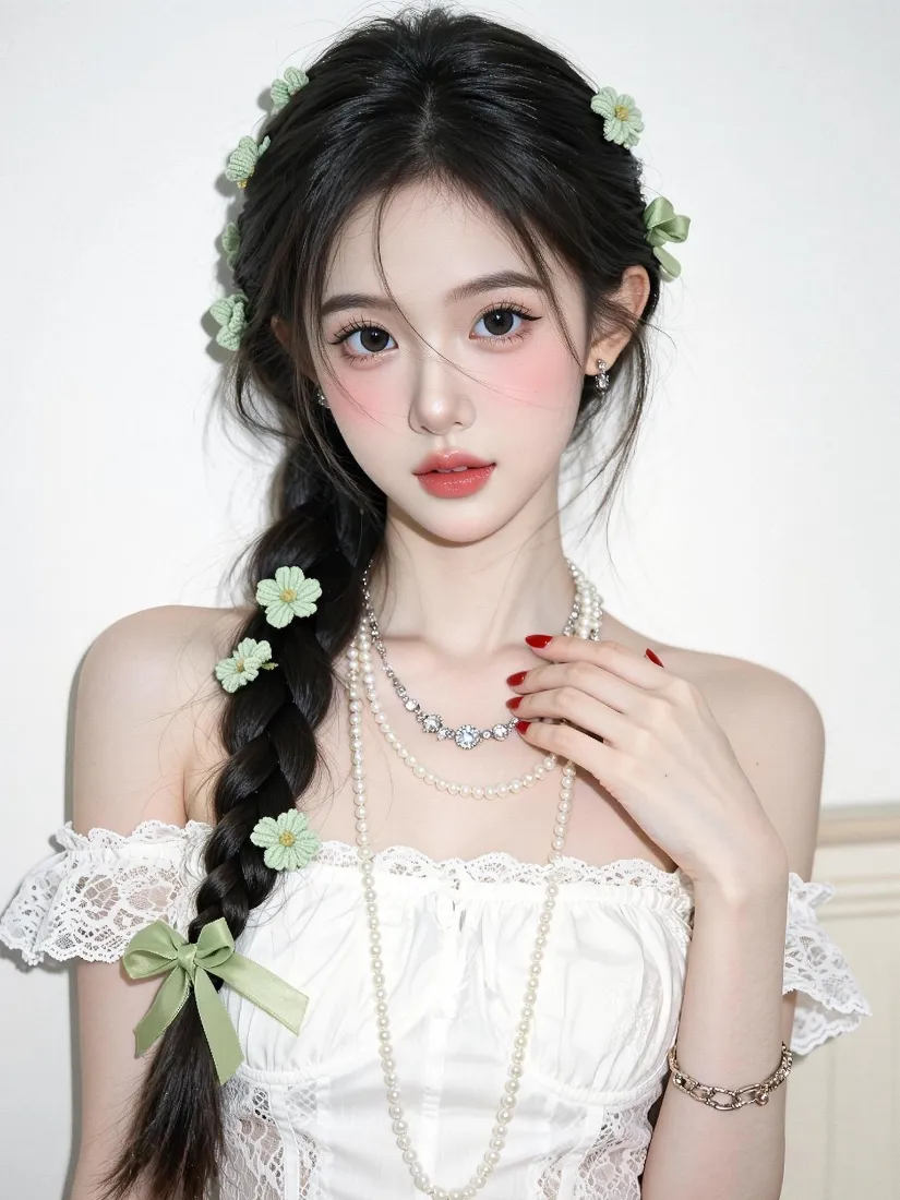 甜美清纯少女手机壁纸｜白裙露肩穿搭背景图片 - 花朵编发「哲风壁纸」