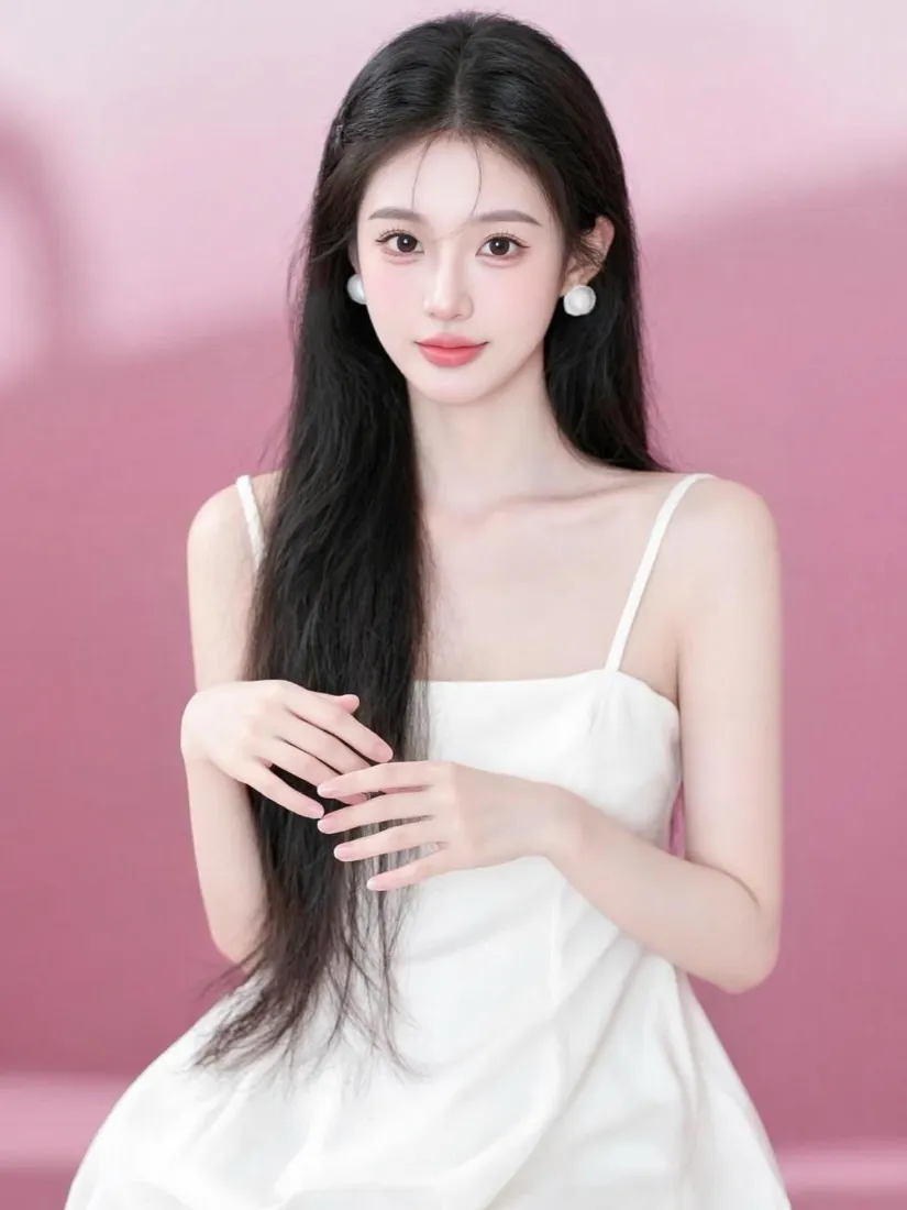 清纯美女手机壁纸｜粉色纯色背景图片 - 白裙时尚写真「哲风壁纸」