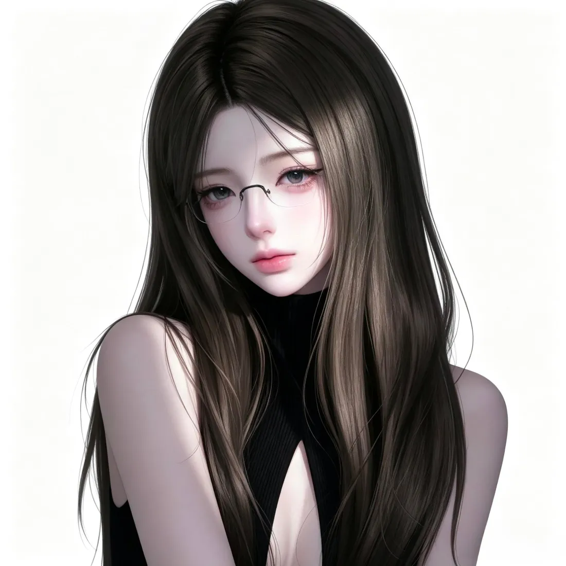 清冷二次元少女手机壁纸｜深棕长发细框眼镜背景图片 - 高颜值「哲风壁纸」