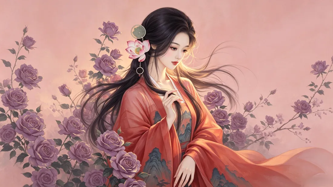 3k古风红衣美人壁纸｜紫玫瑰柔粉背景图片 - 国风插画「哲风壁纸」