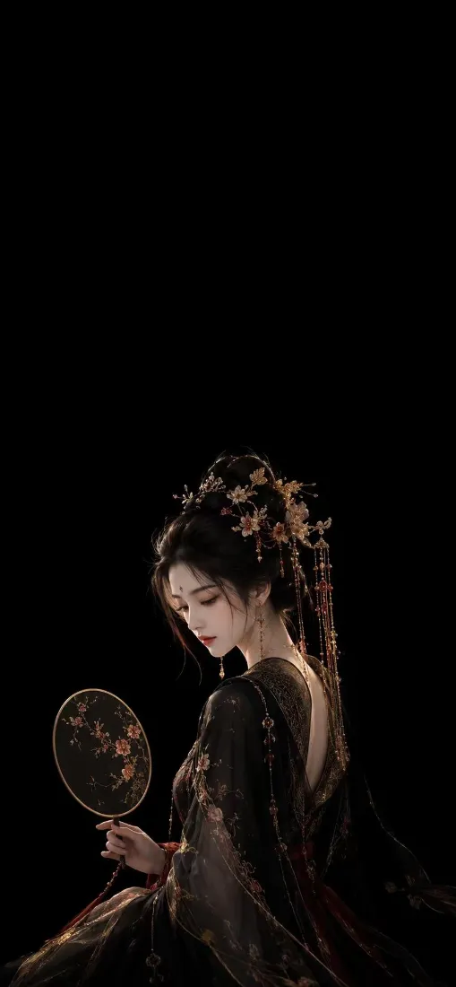 古风汉服美女手机壁纸｜暗黑氛围感背景图片 - 手持团扇「哲风壁纸」