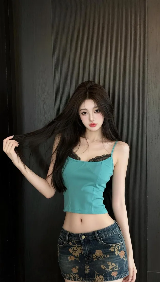 长发美女手机壁纸｜青色吊带穿搭背景图片 - 时尚写真「哲风壁纸」