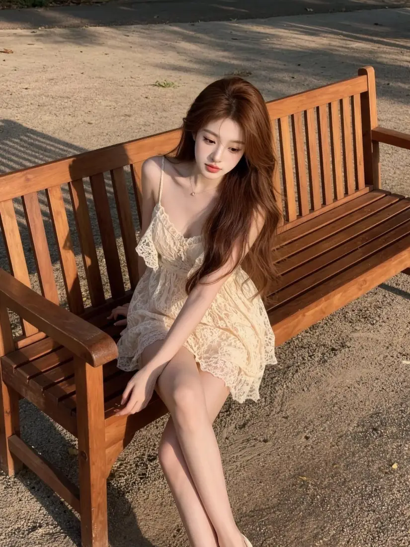 氛围感美女手机壁纸｜户外长椅背景图片 - 蕾丝吊带温柔穿搭「哲风壁纸」