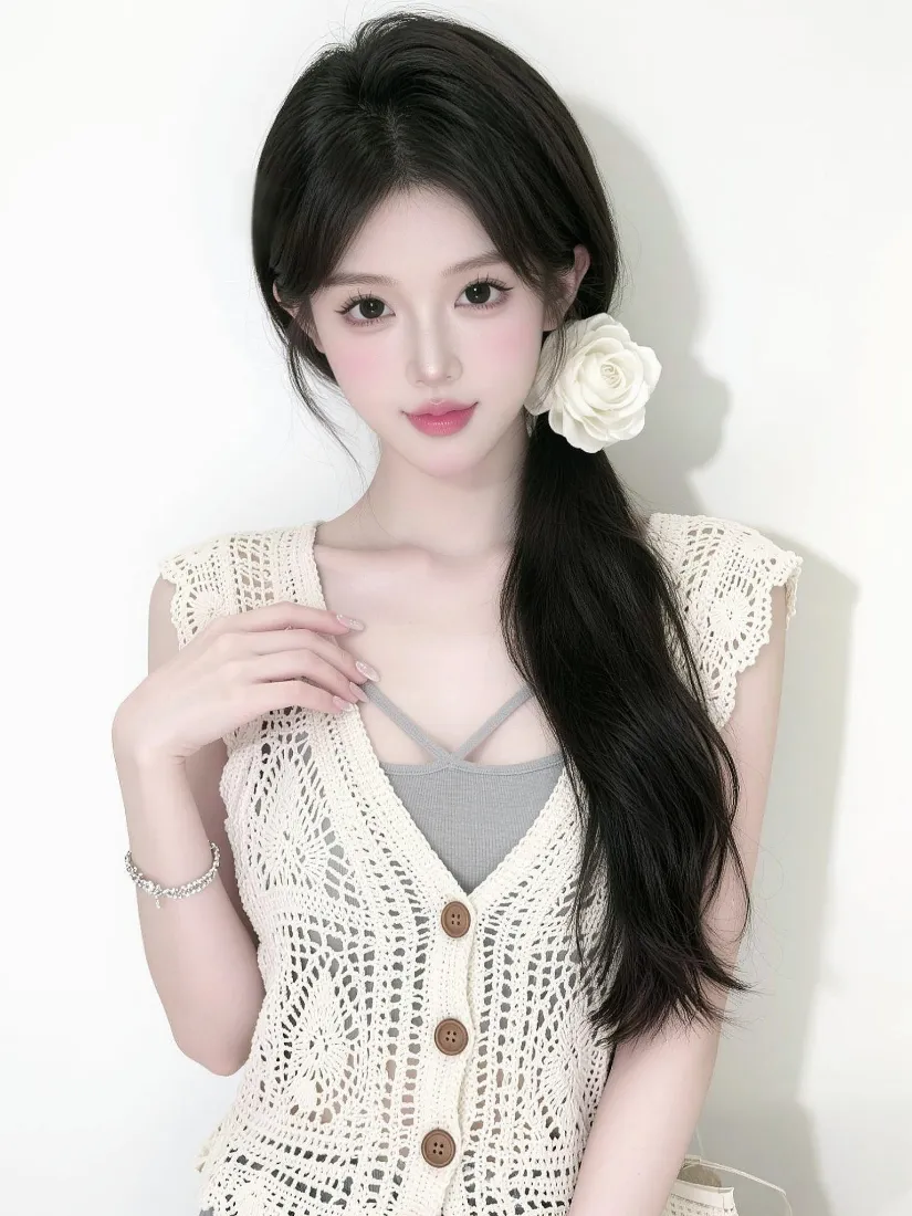 清纯美女手机壁纸｜简约白墙背景图片 - 花朵发饰针织穿搭「哲风壁纸」