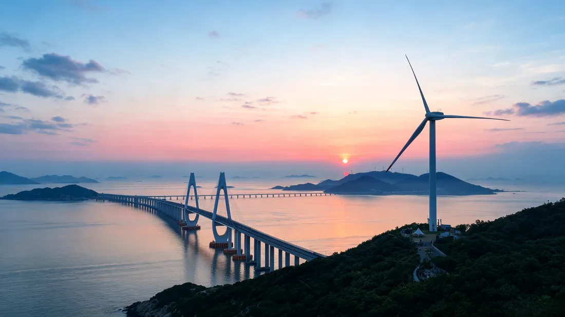 3k跨海大桥日落壁纸｜海岸风景背景图片 - 风力发电治愈风光「哲风壁纸」