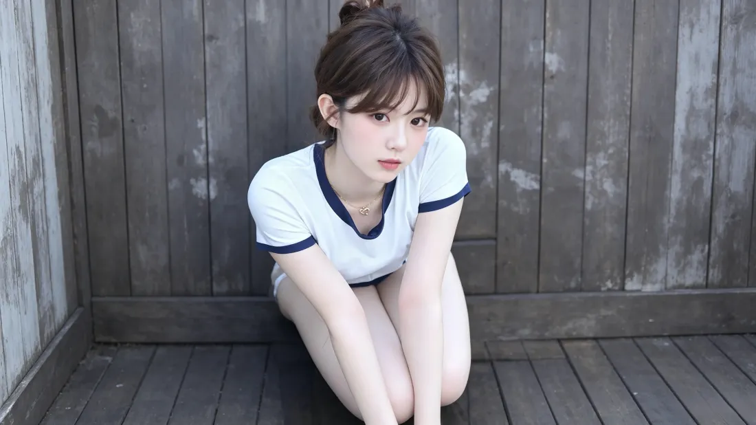 3k清纯少女壁纸｜木质感背景图片 - 丸子头体操服穿搭「哲风壁纸」