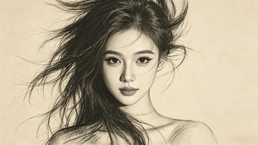 3k素描长发美女壁纸｜氛围感手绘背景图片 - 高级质感「哲风壁纸」