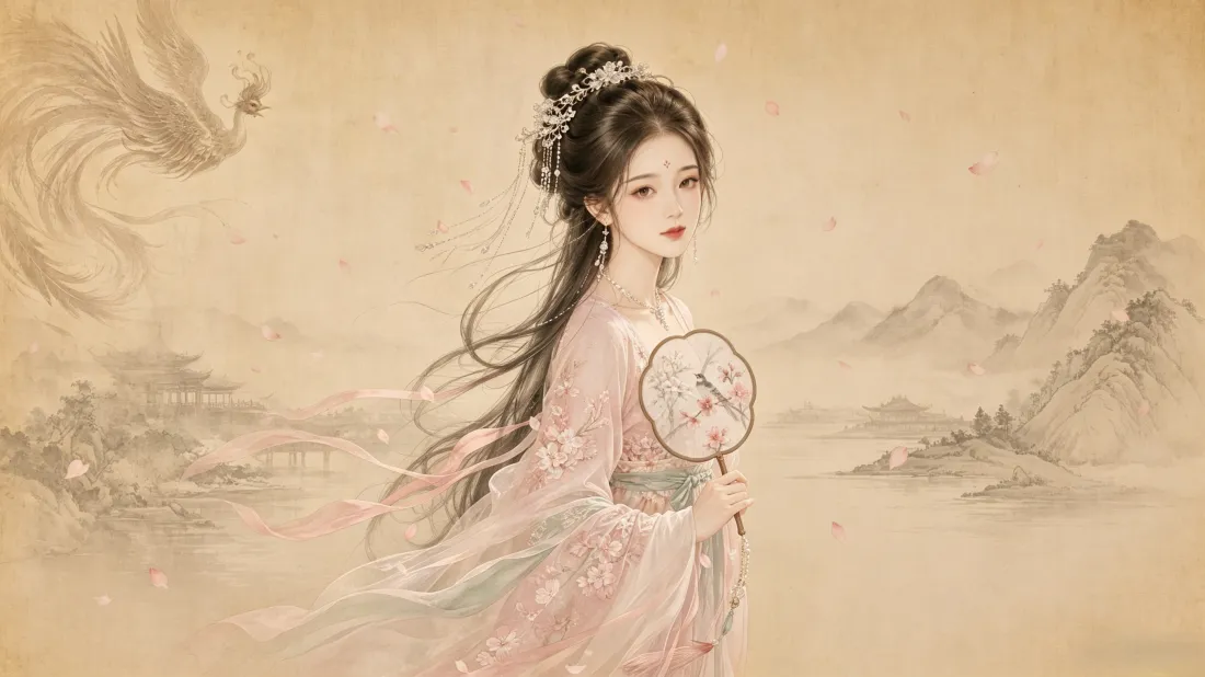 3k古风汉服美人壁纸｜水墨山水背景图片 - 国风手绘插画「哲风壁纸」