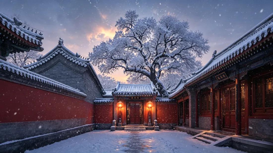 3k中式四合院壁纸｜落雪红墙背景图片 - 冬日古风氛围感「哲风壁纸」