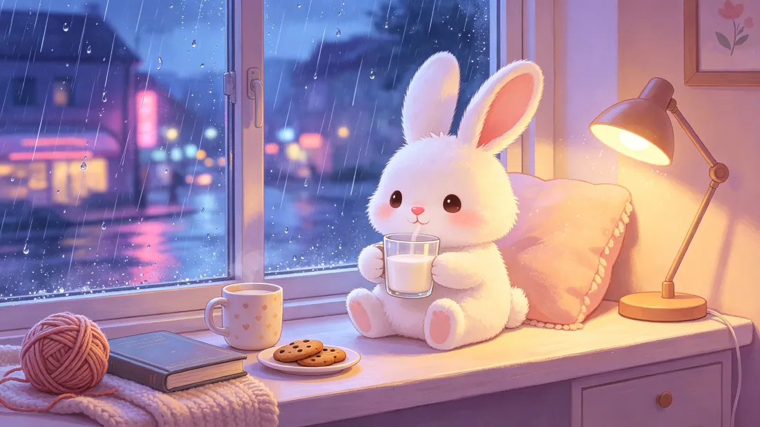 3k卡通小兔子壁纸｜雨夜窗边书桌背景图片 - 治愈暖光场景「哲风壁纸」
