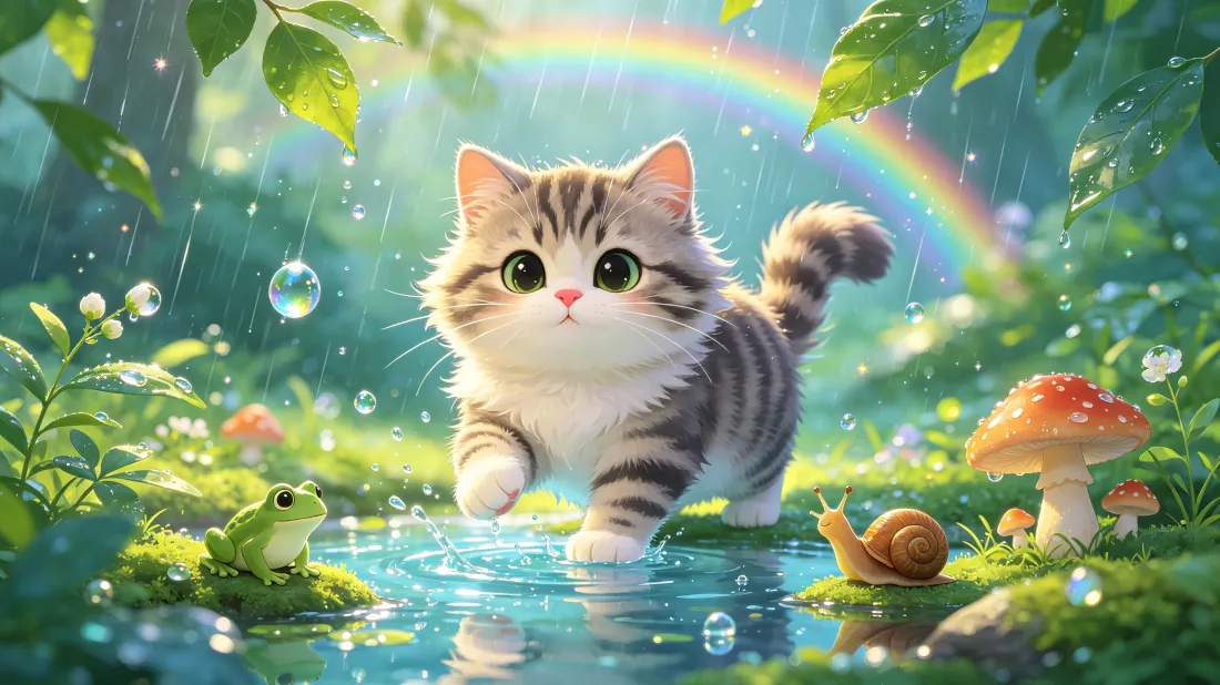 3k软萌卡通猫咪壁纸｜雨后森林溪流背景图片 - 彩虹治愈插画「哲风壁纸」