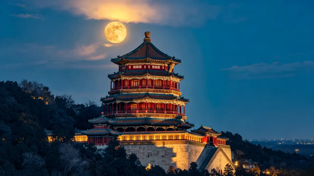 3k佛香阁壁纸｜月夜中式古建筑背景图片 - 北京颐和园风景「哲风壁纸」