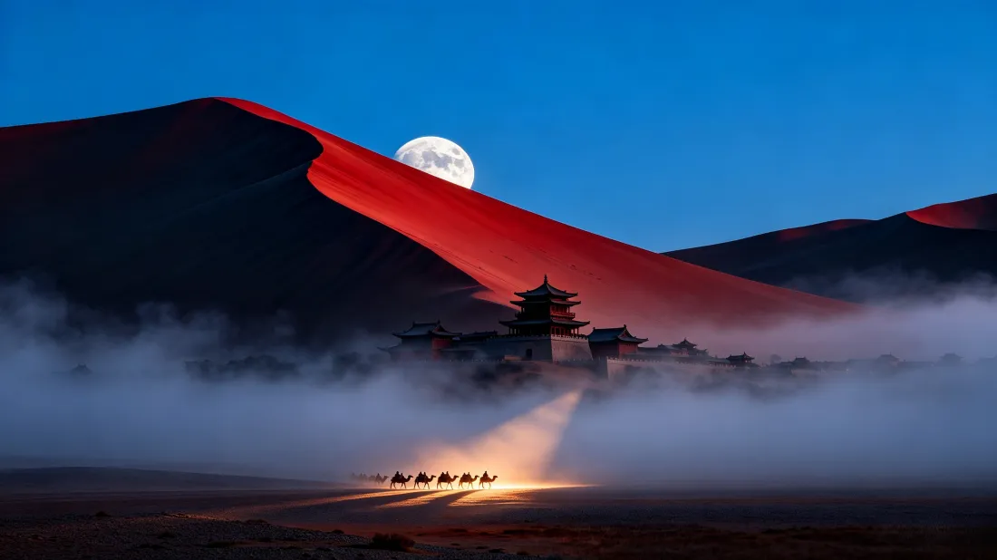 3k沙漠月夜壁纸｜雾中红沙丘背景图片 - 自然治愈风景「哲风壁纸」