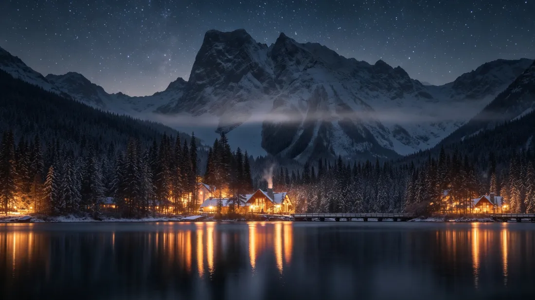 3k雪山湖泊壁纸｜冬日夜景背景图片 - 森林小屋倒影风光「哲风壁纸」