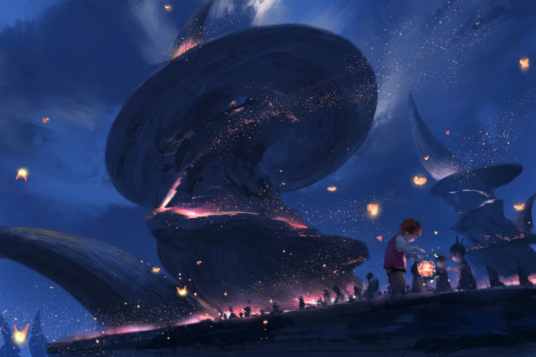 4k鬼刀壁纸｜奇幻夜空背景图片 - WLOP插画孔明灯场景「哲风壁纸」