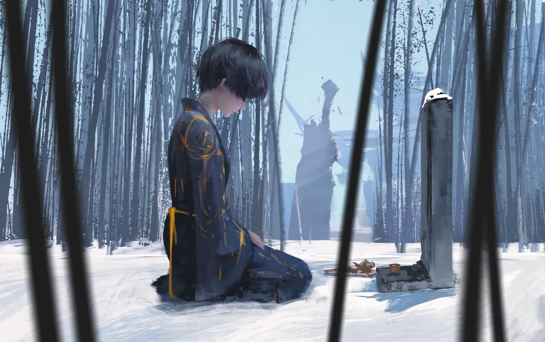 4k鬼刀壁纸｜雪地树林背景图片 - WLOP原创插画「哲风壁纸」